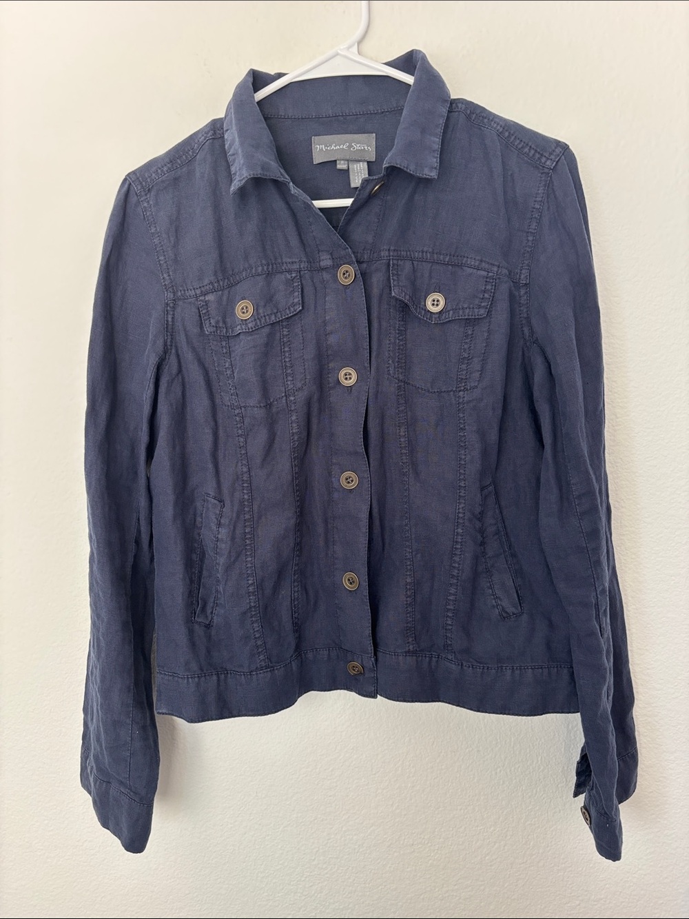 Michael Stars Linen Dark Navy Button-Up Utility Jacket Layering Summer Coastal